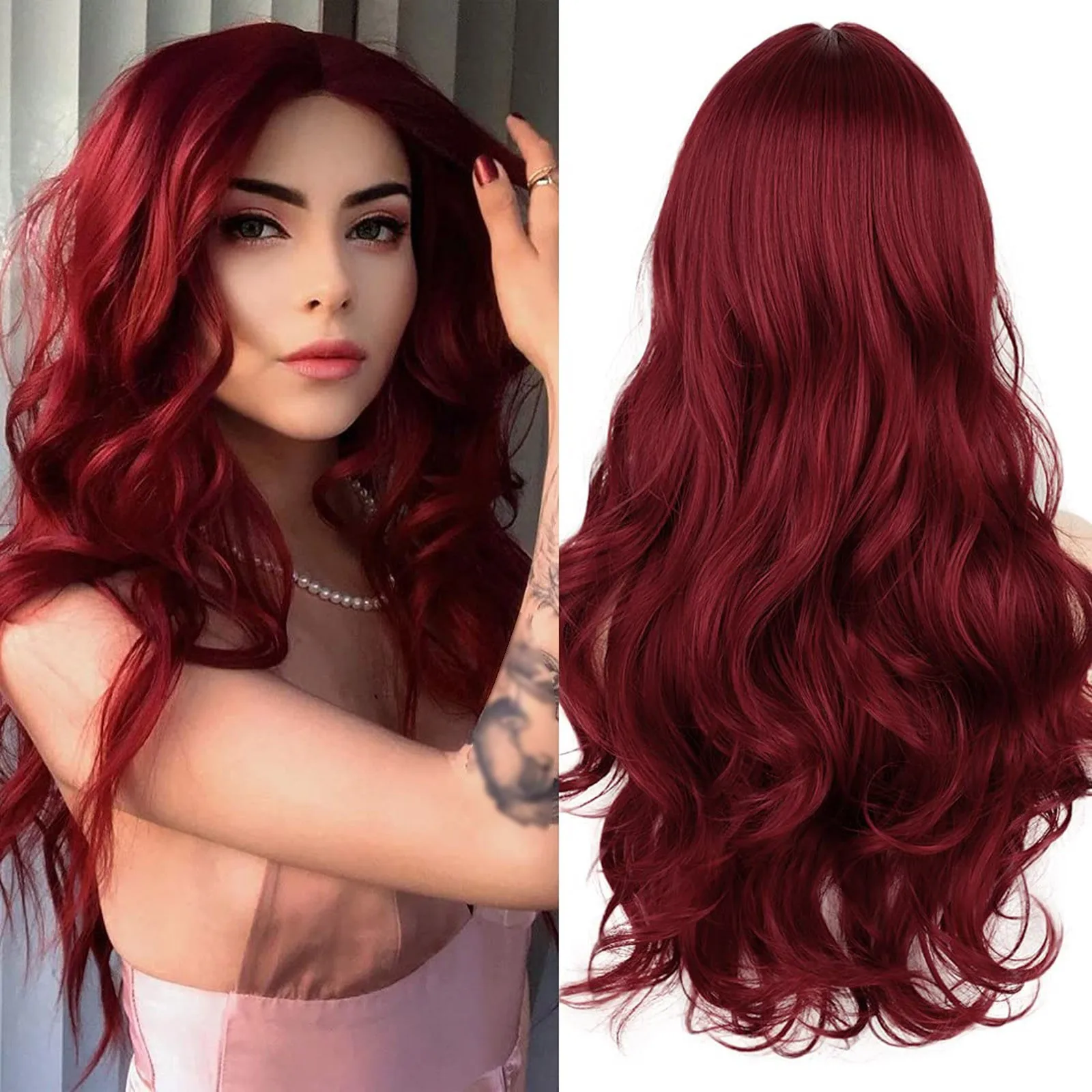 Women Hair Products Long Wine Red Lace Front Wig For Women Middle Parts Long Wavy Human Hair Wig With Lace Front Wig Dry Hair