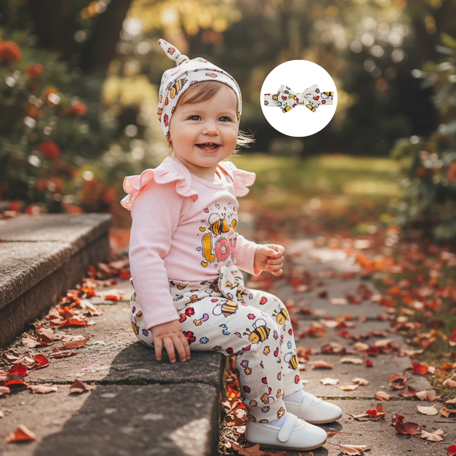 

Одежда для малышей, комплект из 4 предметов для девочек, комбинезон с рюшами и длинными рукавами, круглым вырезом и принтом пчелы, штаны с эластичной резинкой на талии, комплект шляп с повязкой на голову