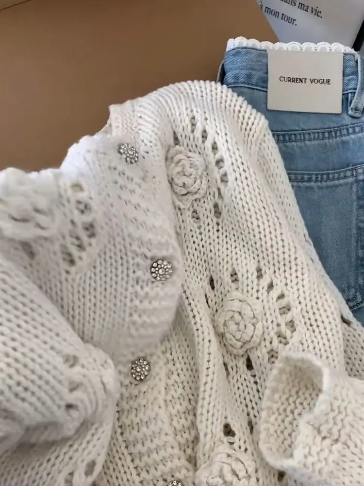 Herbst Casual Haken Blume Aushöhlen Pullover Strickjacke Frauen Rundhals Lange Ärmeln einreiher Süße Gestrickte Mantel