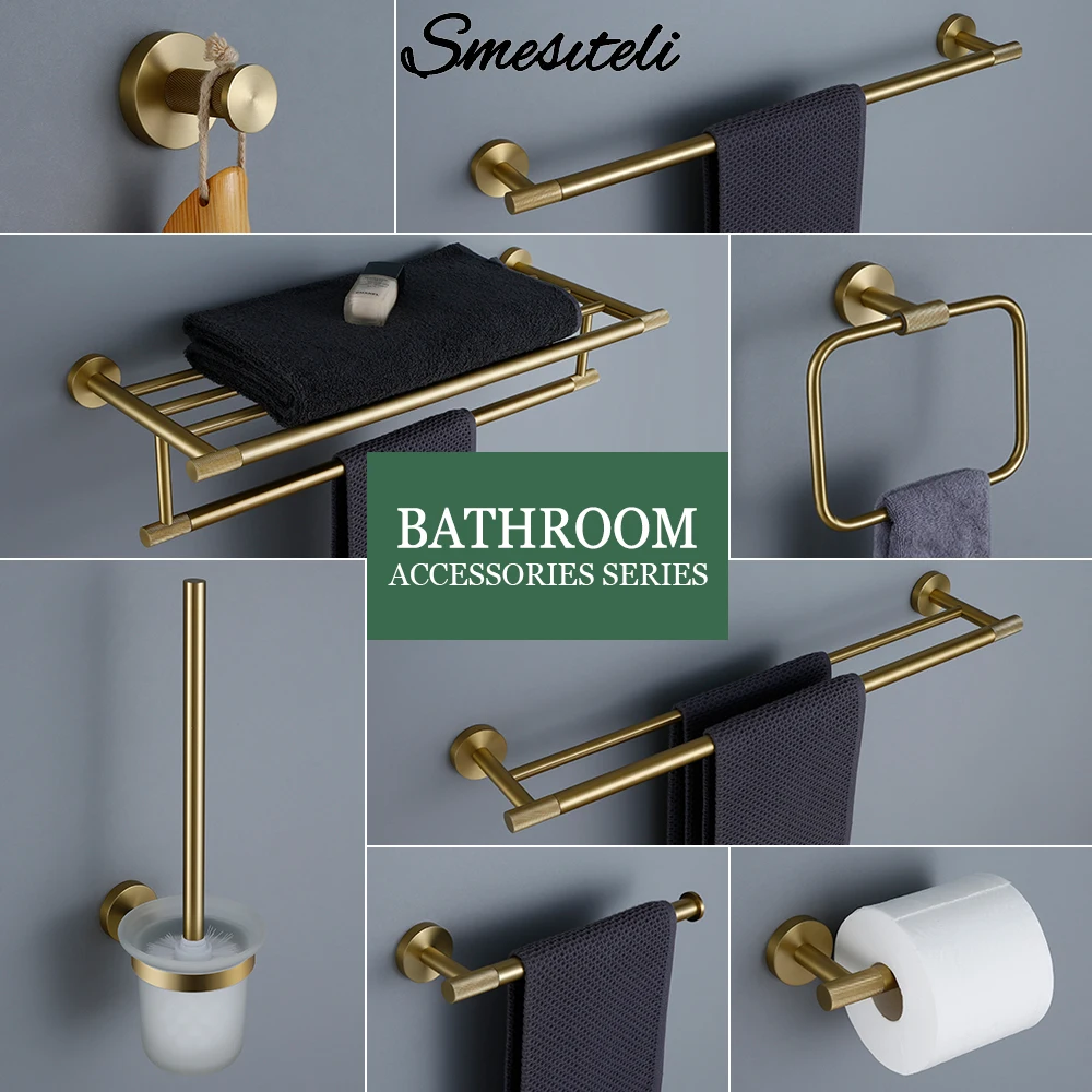 Brushed Gold Bathroom Accessories Towel Bar Bath Robe Hook Brass Knurled Bathroom Hardware Set Shelf for Towels Paper Tissue Hol