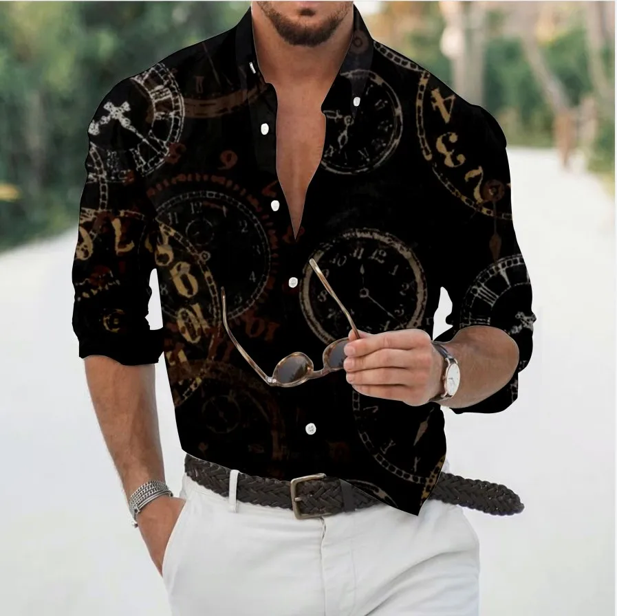 Autumn Men\'s Floral Shirt Long Sleeve Casual Shirt Fashion Rose Flower 3D Printed Turn-down Collar Slim Hawaii Shirt For Mens