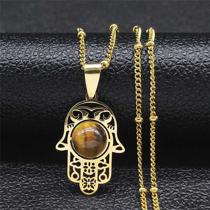 HNSP Muslim khamsah Natural Stone Stainless Steel Pendant Chain Necklace For Women Men Jewelry Arabia Religion Accessories