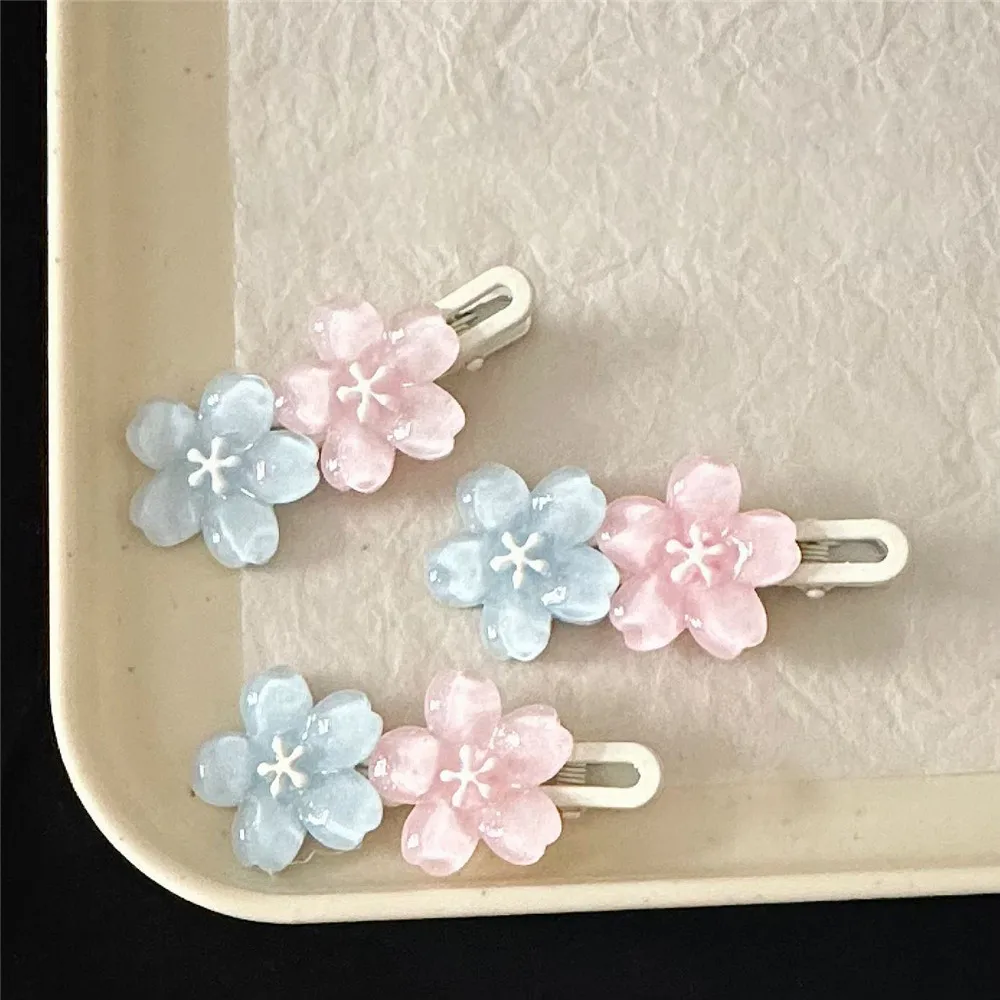 Cute Girl Transparent Cherry Blossom Hairpin Blue Pink Hair Clip Female Flower Duckbill Bangs Clip Women Headdress Accessories