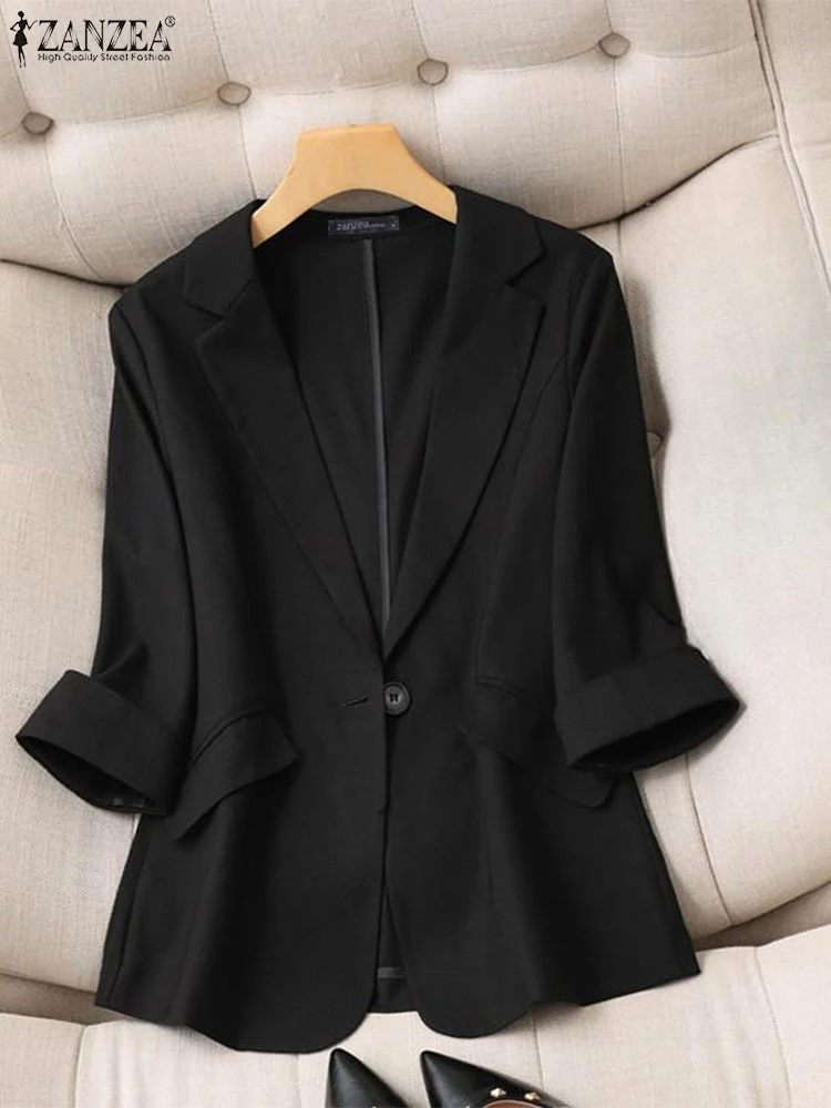 ZANZEA Top da donna con colletto bavero Abito da tre quarti alla moda da donna da ufficio con bottone singolo Blazer in tinta unita Cappotto da lavoro per pendolarismo