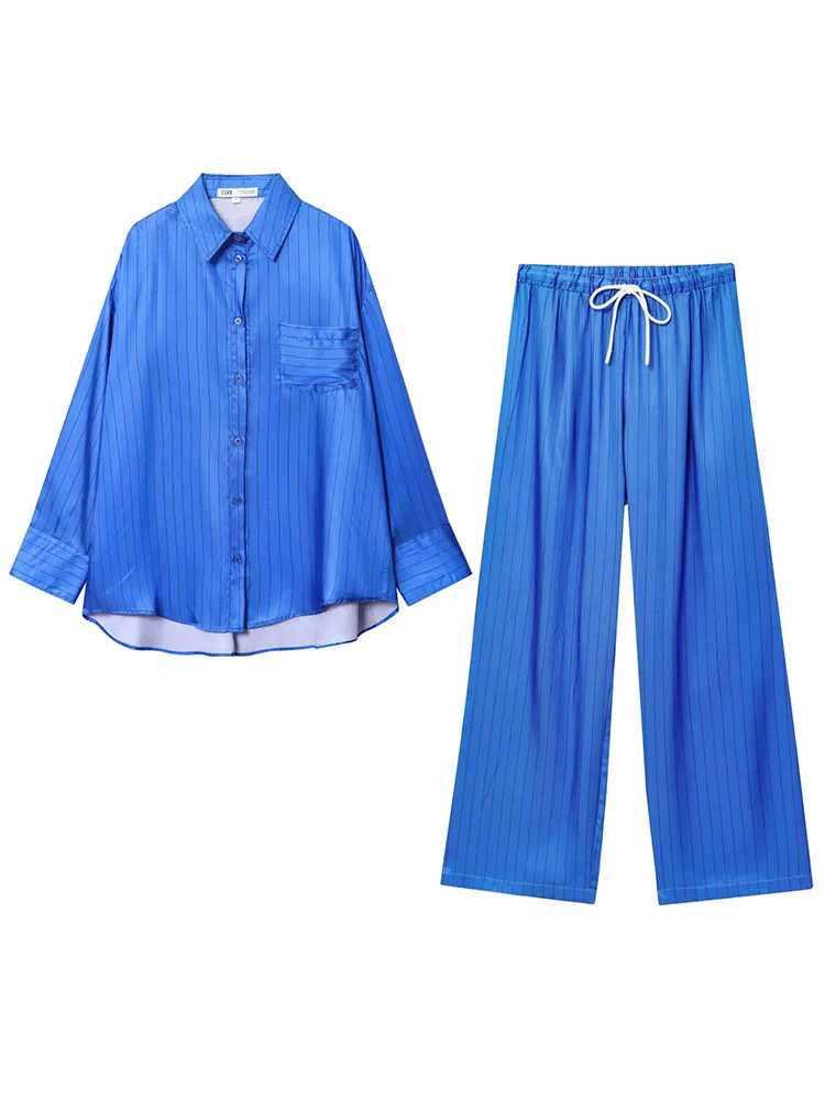 

Женский полосатый брючный костюм 2025, модная однобортная блузка с длинными рукавами и карманами с лацканами + летние пижамные брюки на шнурке