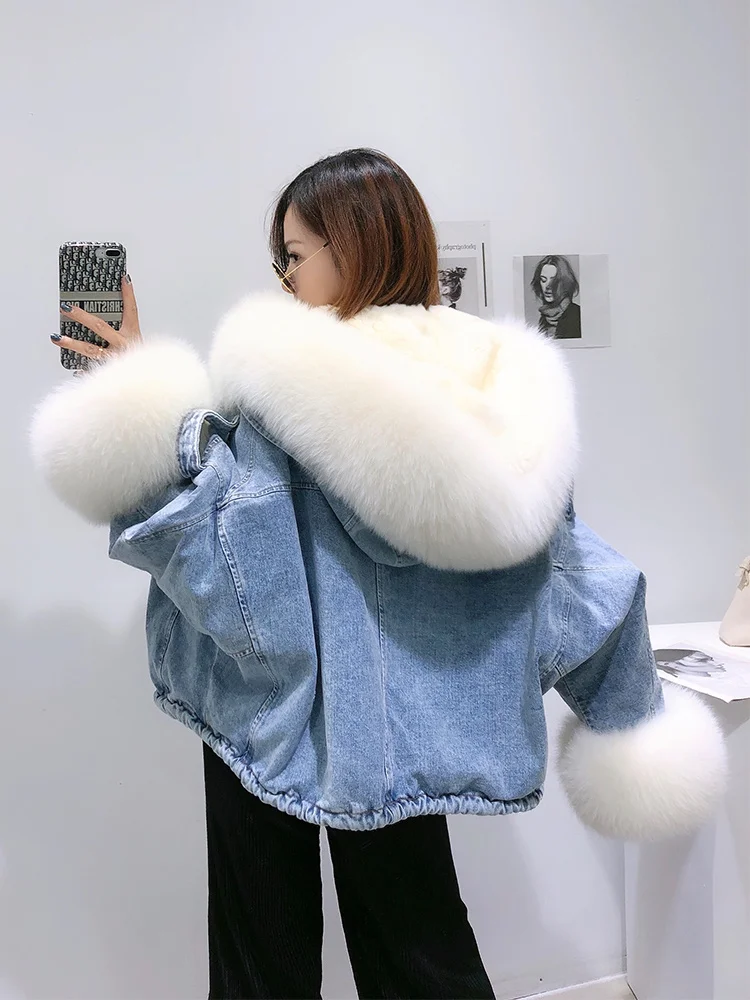 Denim Large Real Fox Fur Jacket Female Winter 2023 New Detachable Rex Rabbit Fur Liner Woman Jacket Bat-sleeved Streetwear Women