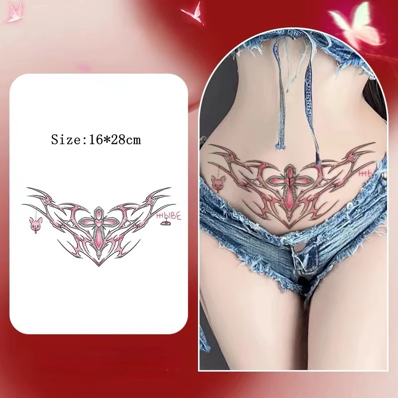 Różowy krzyż niedźwiedź tymczasowy tatuaż dla kobiet festiwal wodoodporny sztuczny tatuaż serce totem brzuch Sexy Tatoo naklejki sztuka