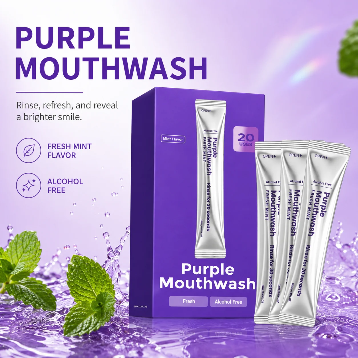 Purple Whitening Mouthwash Remove Tooth Food Residue Long Lasting Fresh Breath Correct Teeth Color Portable 20 Sachets Mouthwash