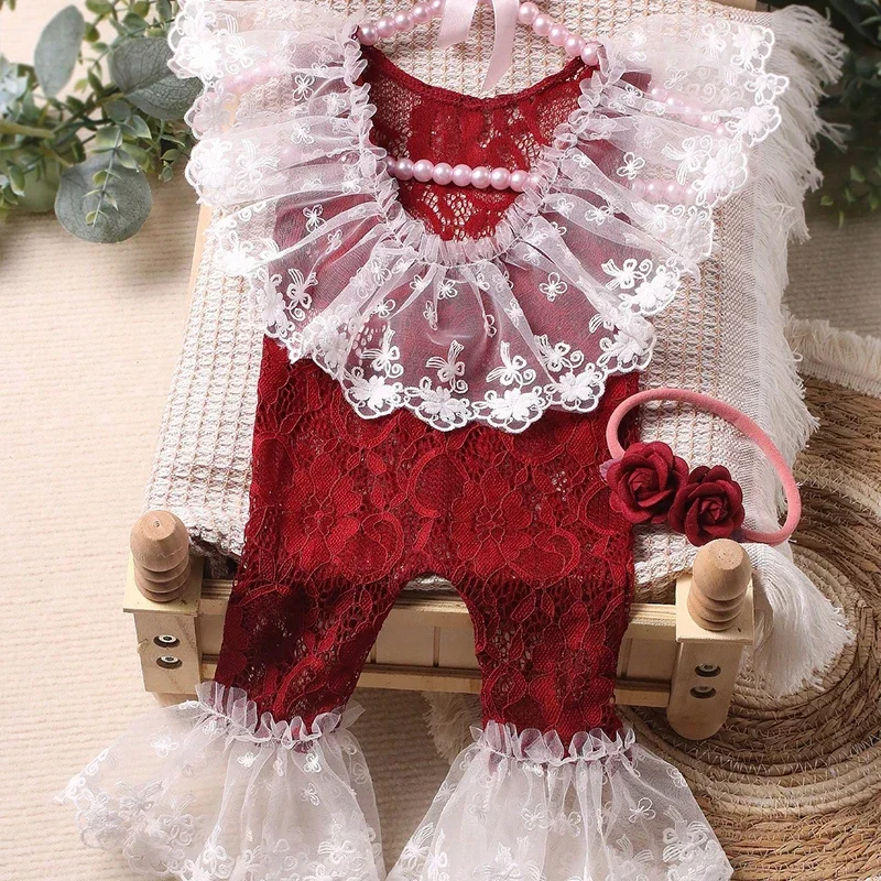 Newborn Photography Props Lace Jumpsuit with Headband Baby Girl Photography Outfits Newborn Infant Props Photo Shooting Clothes