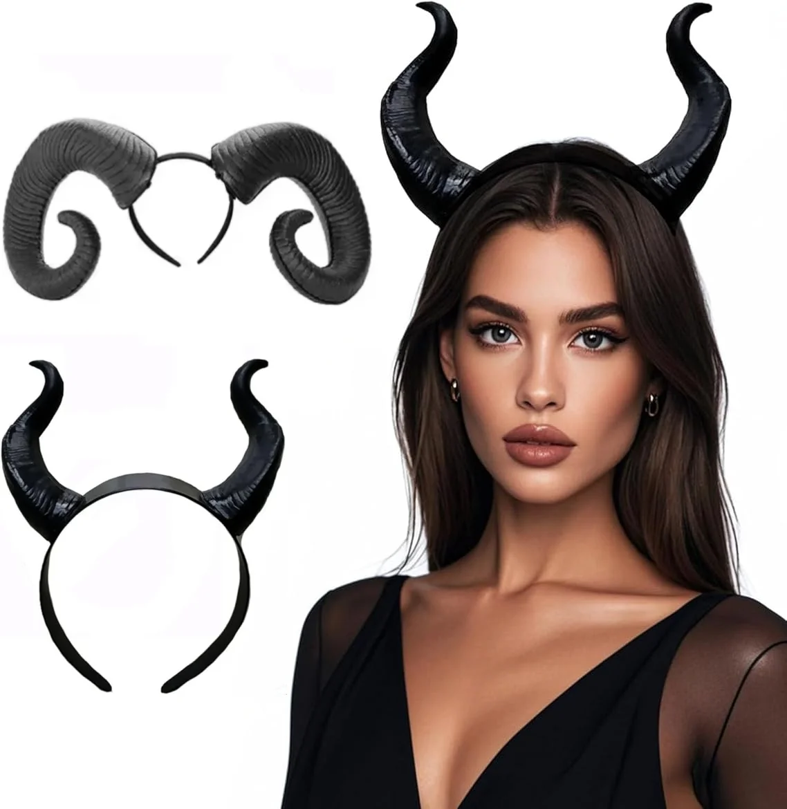Women Black Queen Witch Demon Horns Headpiece Cosplay Costume Headband for Halloween Christmas Party Animal Antelope Devil