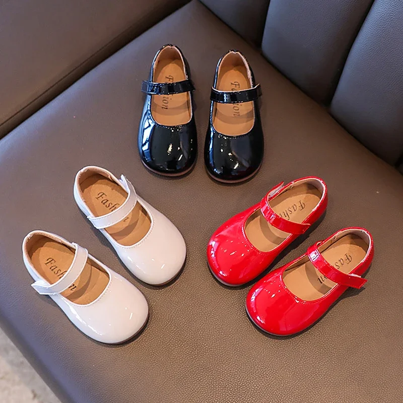 Plain Patent Leather Ballet Flats Baby Girls Concise Round Toe Mary Jane Shoes Kids Soft Sole Casual Dress Zapatos in Red White