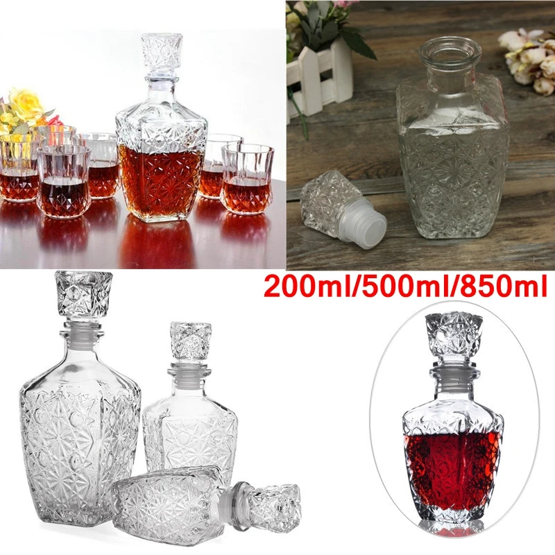 Crystal Whiskey Wine Shot Glass Bottle + Cap Stopper, Drinking Bar Decanter, 1Pc, 200ml, 500ml, 850ml