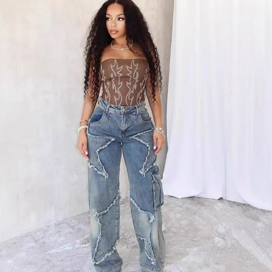 

Jeans Women's Loose Straight Casual Flare Leggings with Star Beading 2026 spring new