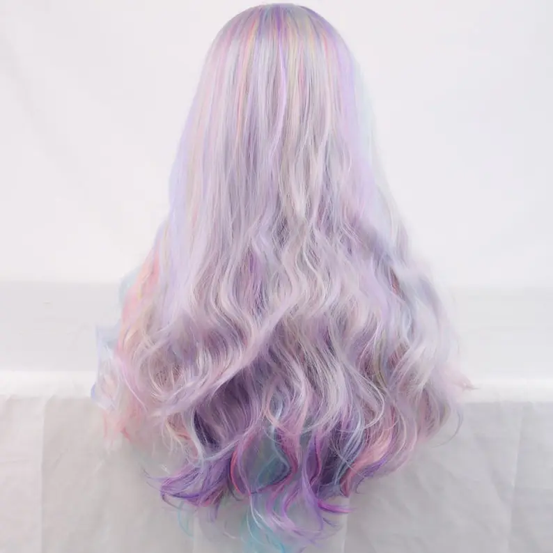 鮮やかなカールウィッグ、ロングヘア、パステルレインボーカラー、合成繊維、耐熱性シルク、センターパートスタイル