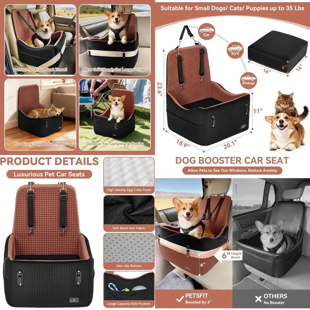 

Pet Car Seat for Small/Medium Dogs Up to 35 lbs - 6 Memory Foam, Detachable & Washable, with 2 Storage Pockets (Black/Brown)