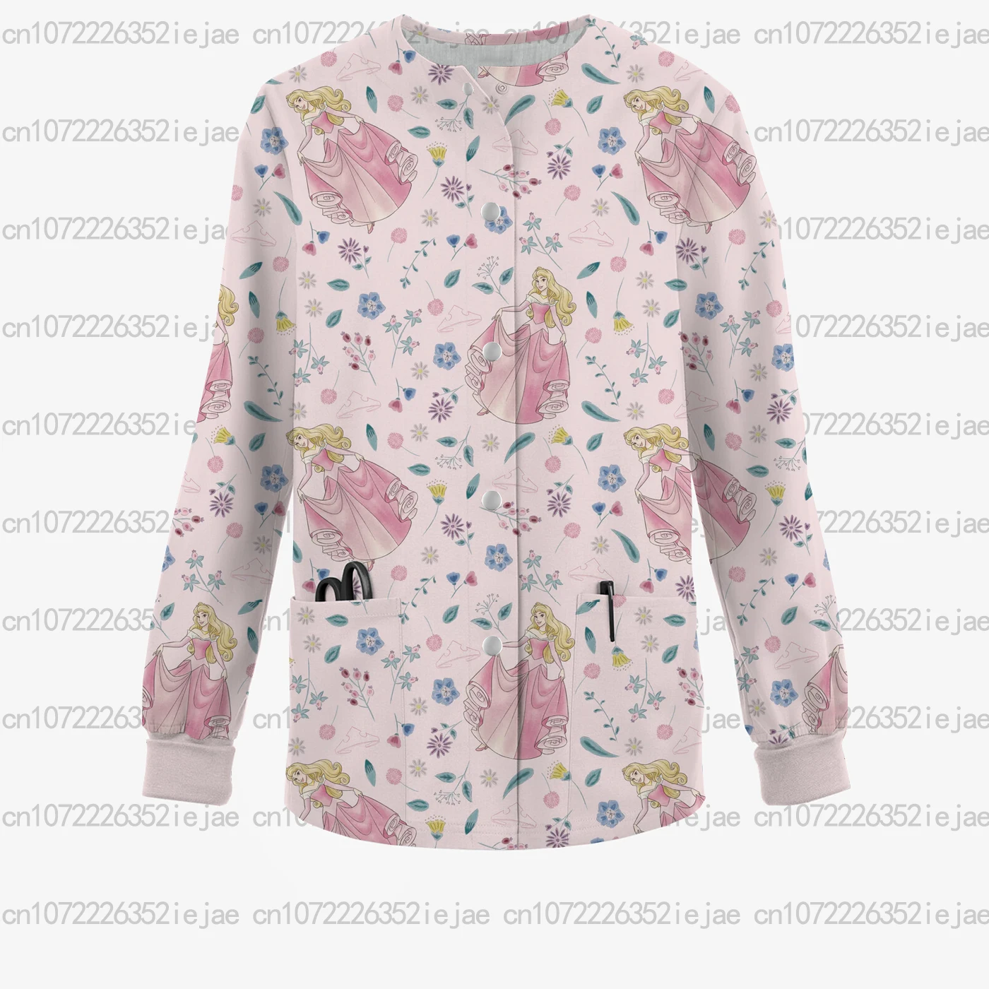 Winterverpleegkleding voor dames, Disney Doornroosje Prinses Print Ronde hals Zak Frosted Jas/Jas voor schoonheidssalons