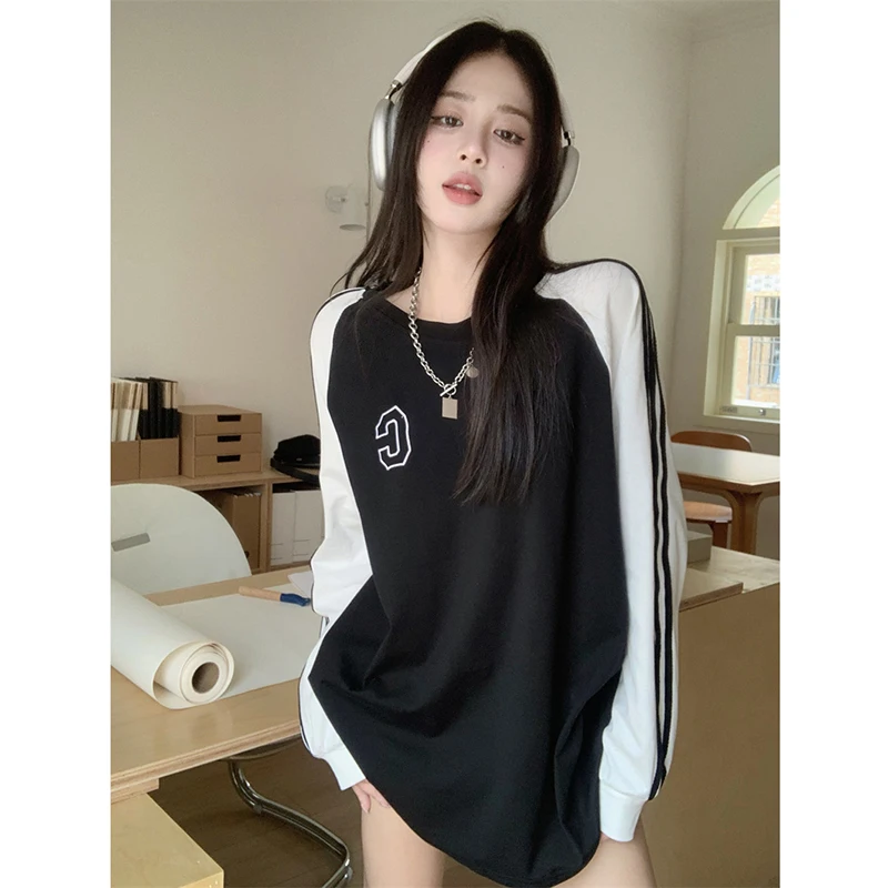 

Women T Shirt Spring and Autumn New Korean Long Sleeve Patchwork Letter Tees Loose Versatile Casual Y2K Tops Female