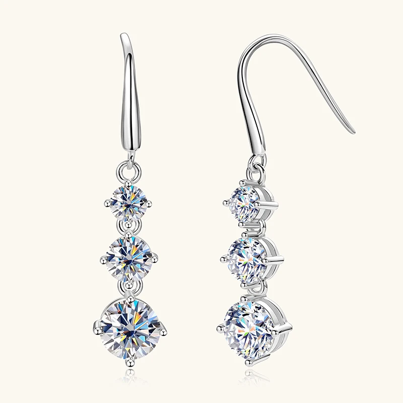

Lnkry 925 Sterling Silver Drop Earring Certified 6.5mm&5mm&4mm Three Stone Moissanite Dangle Earrings For Women Jewelry Gift