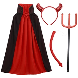 Adult Devil Cloak Halloween Party Cosplay Costume Black Red Reversible Cloak Three-pronged Trident Horn Hair Hoop Tail Set