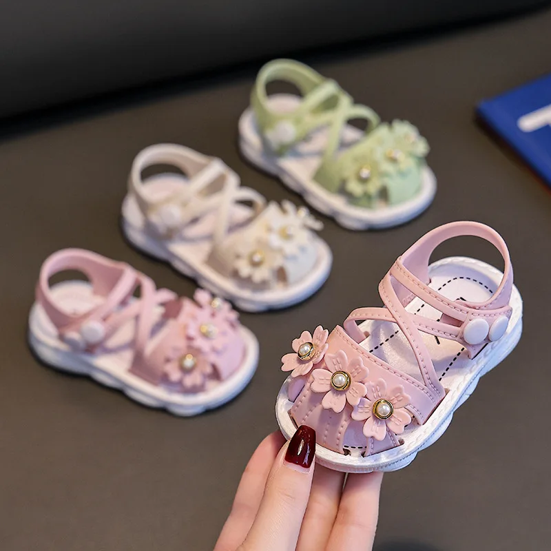 Baby Girl Sandals Summer Close Toe Infant Toddler Shoes Breathable First Walkers Newborn Cute Flower Pearl Beach Sandals 아기신발