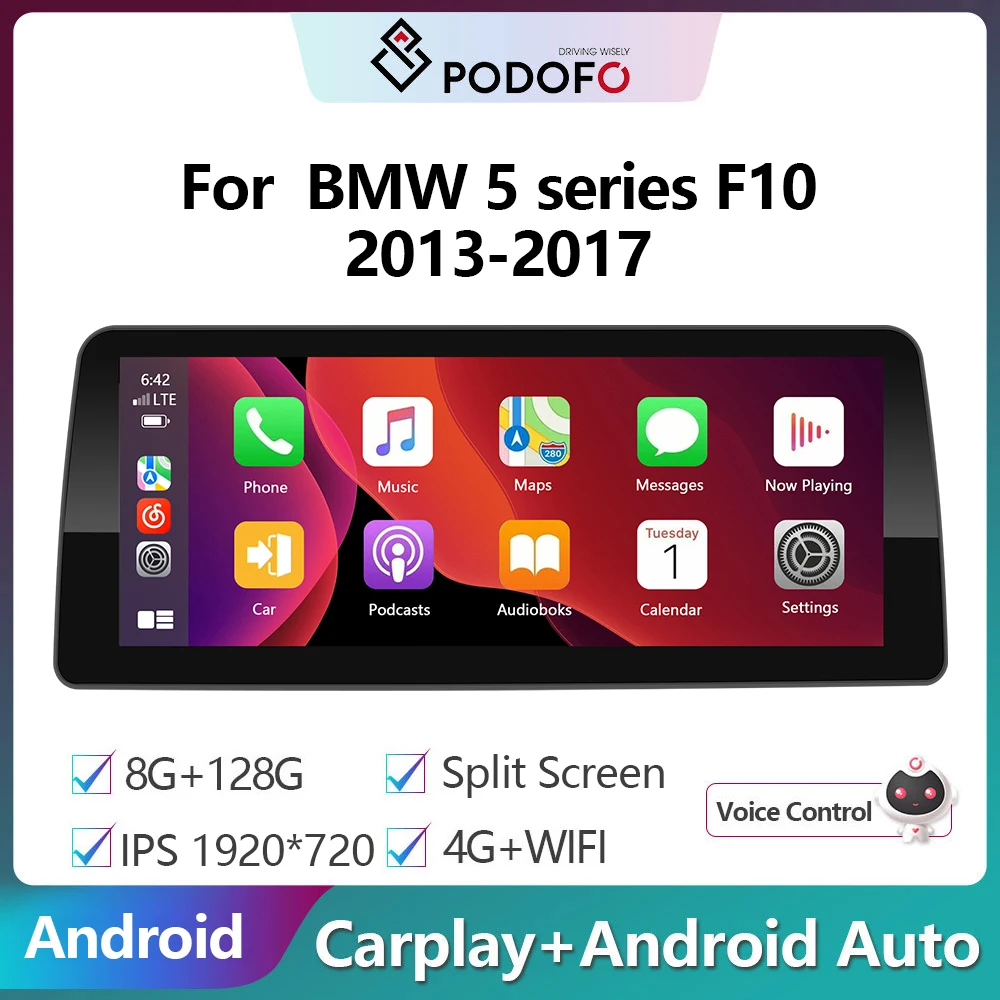 

Podofo Android GPS Car Stereo Radio 12.3inch For BMW 5 series F10 2013-2017 8Core 8+128G 4GWIFI GPS Bluetooth Carplay Autoradio