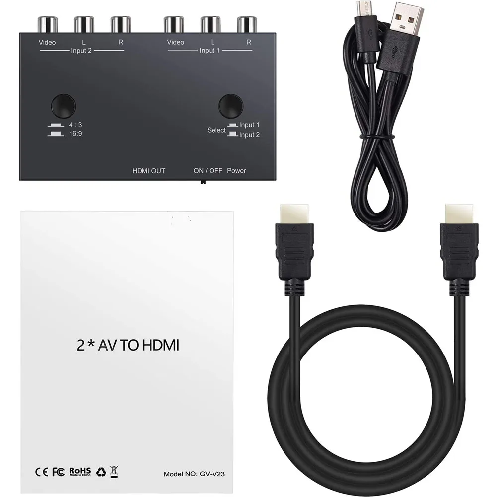 AV to HDMI Converter Video Converter Support PAL/NTSC 1080P RCA Adapter Dual AV to HDMI-compatible Switch for DVD PS2/3