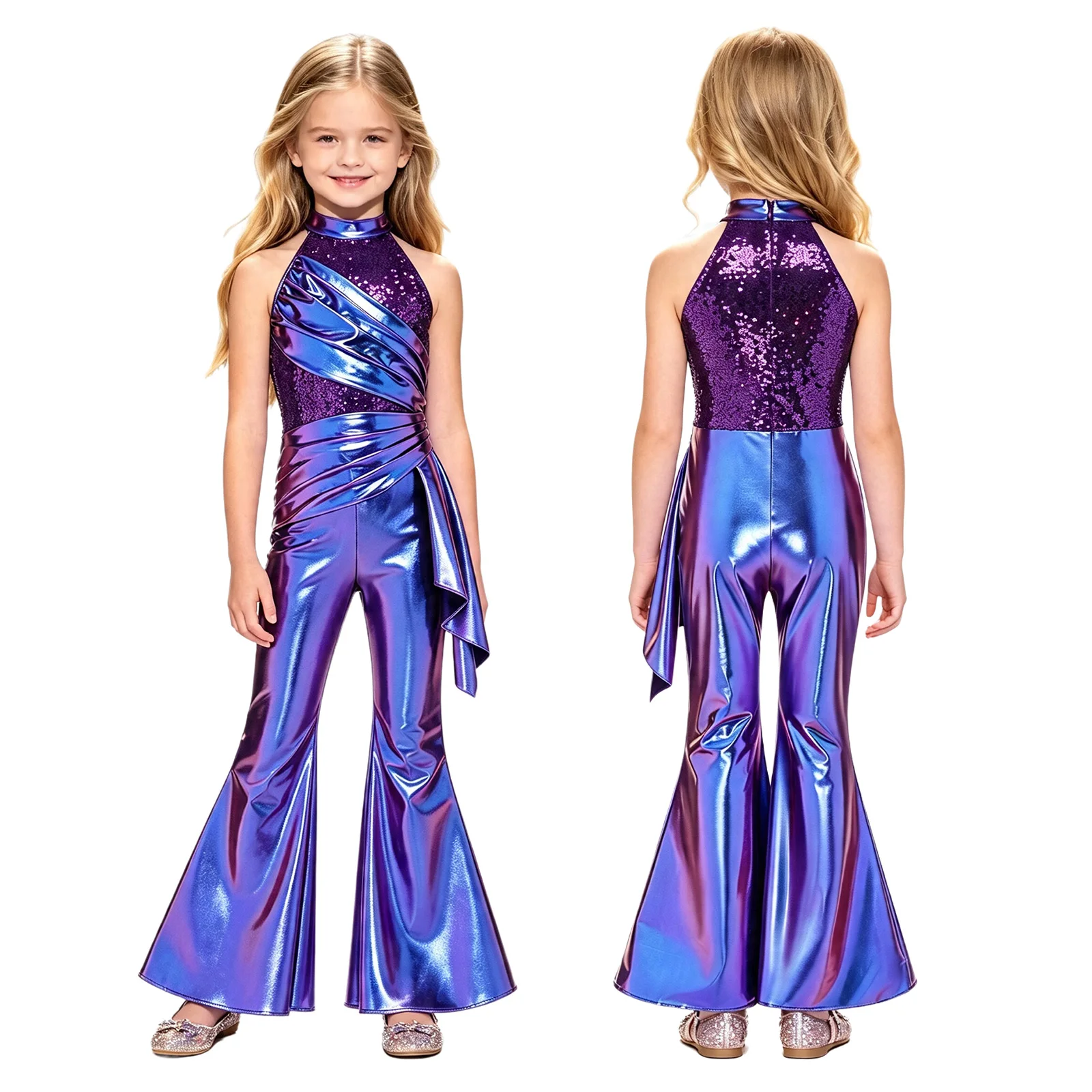 Girls Sleeveless Metallic Shiny Disco Jazz Dance Jumpsuit Wedding Birthday Party Pageant Bodysuit Halloween Carnival Costume