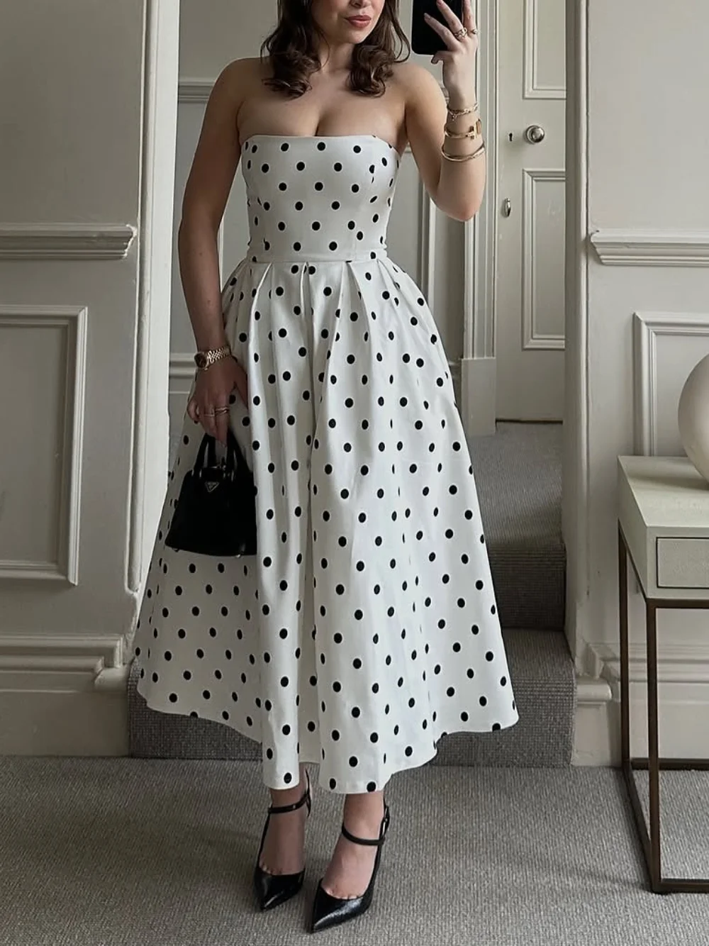 Elegant Polka Dot Printed Long Dress Women Fashion Sleeveless Off Shoulder High Waist Slim Fit Dress 2025 High Street Clothing
