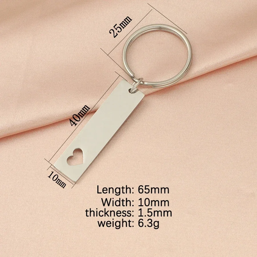 10pcs mirror polished stainless steel hollow heart long strip label keychain rectangular strip keychain couple jewelry wholesale