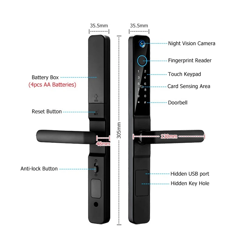 Security Apartment Hotel Home Digital Tuya Smart WiFi APP Remote Control Fingerprint Door Lock With Camera
