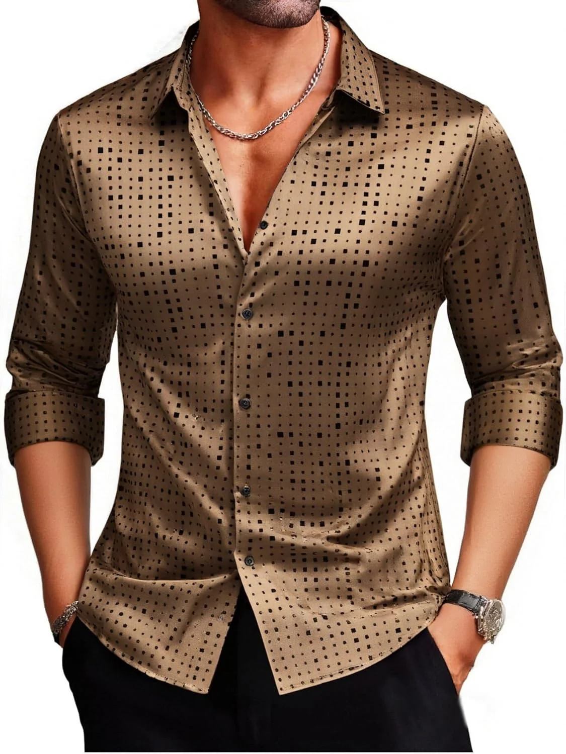 2026 Tasteful Men's High-end Satin Textured Polyester Fiber Shirt Soft Smooth Solid Color Shirt Holiday Party Casual Shirt men