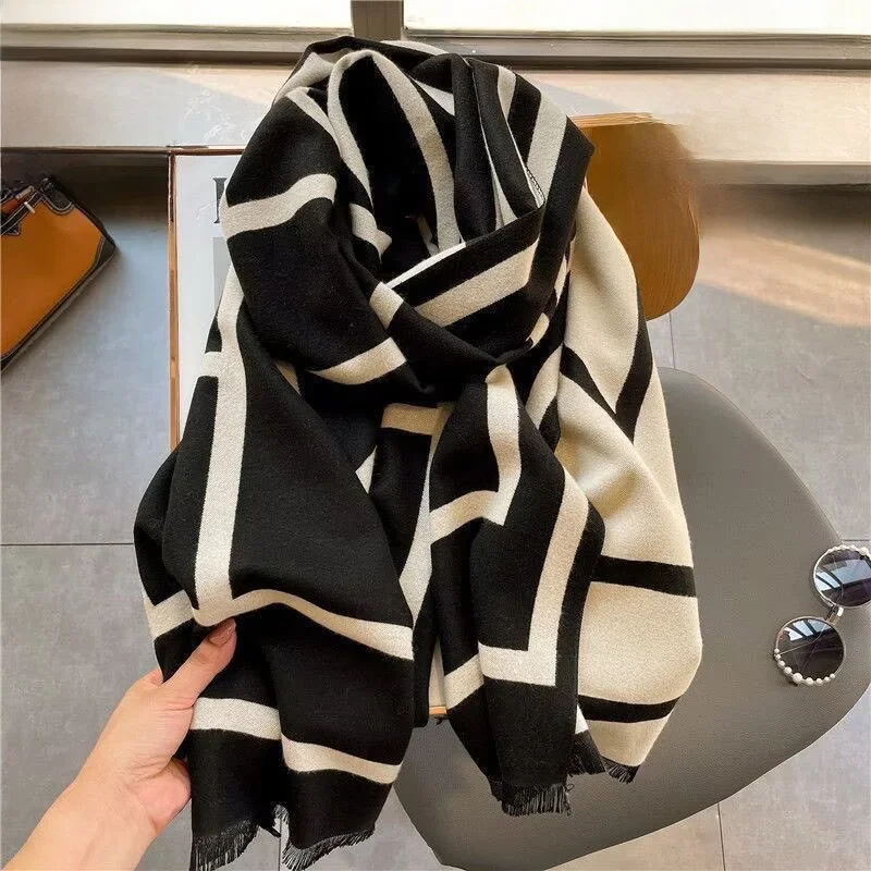 豪華なカシミヤスカーフ-女性用-冬の暖かさ-多用途ウールネックウォーマー-ショルダーショール-2in-韓国風ストライプ柄