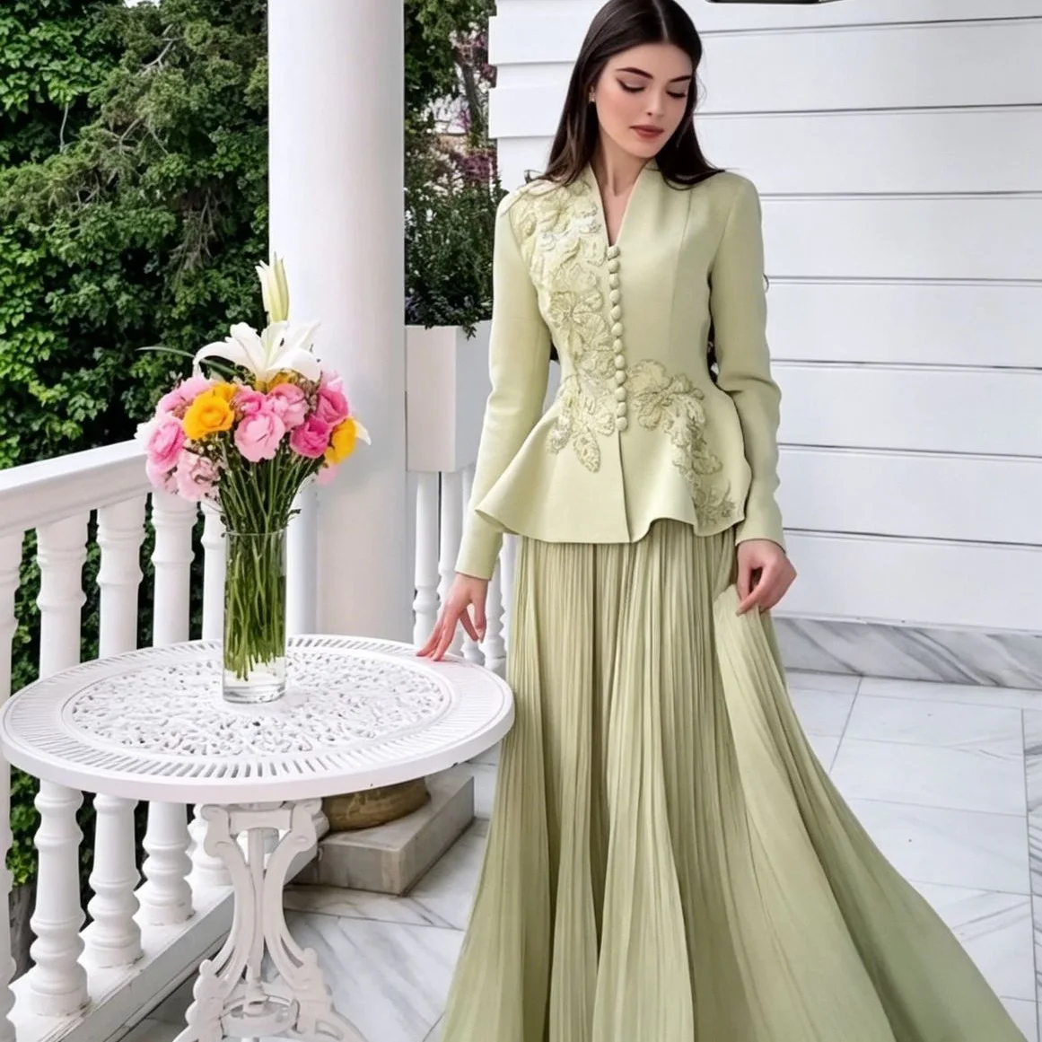 A-line Long Skirt Waist Cinched V Neck Single Breasted Two Piece Sets Womens Outifits Formal Evening Party Wear Skirt Suit
