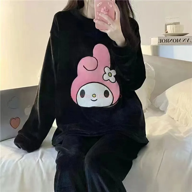 New Sanrio Kuromi Pajama Sets Women Winter Warm Plush Cute Sleepwear Print Pajama Cartoon Home Clothes Valentine\'S Day Gift Soft