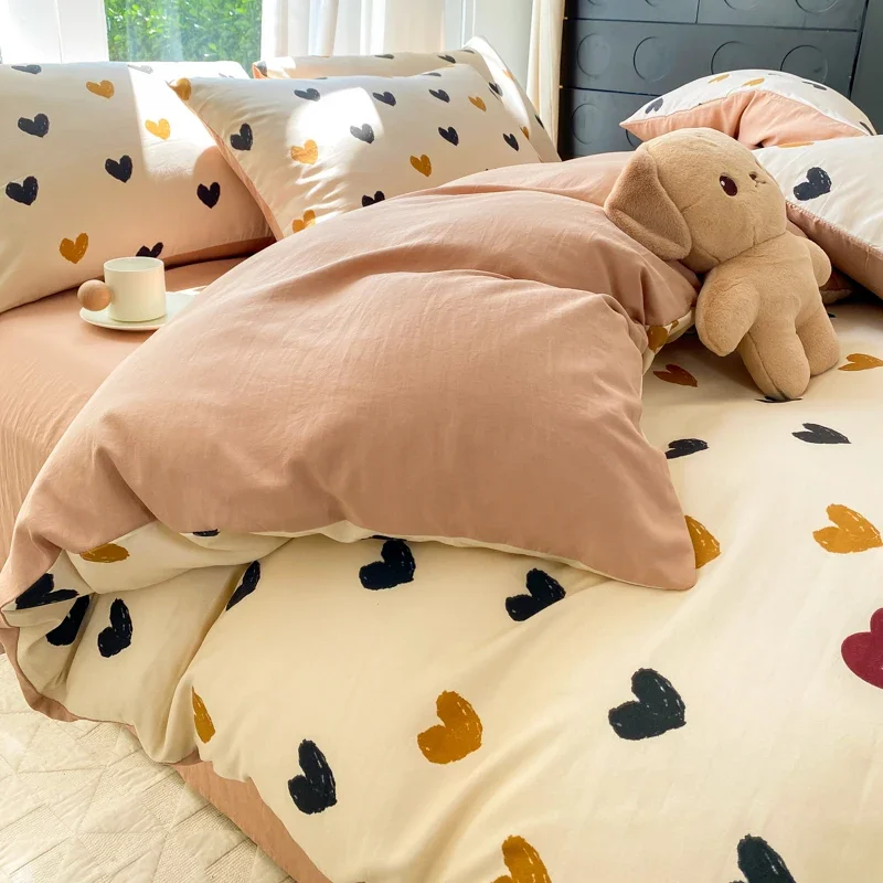 Colorful Love Heart Duvet Cover 3/4pcs Bedding Set Cartoon Dog Quilt Cover Polyester Comforter Cover,1 Flat Sheet,1/2 Pillowcase