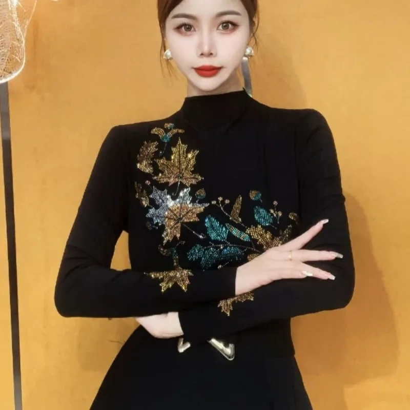 Women Clothing Autumn Winter Korean Diamonds Thick Warm Basic T-shirt Vintage Elegant Half High Collar Long Sleeve Slim Fit Tops