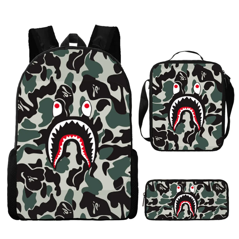 Camo Colored Shark Schoolbag Backpack Lunch Bag Pencil Case Set Gift for Kids Students