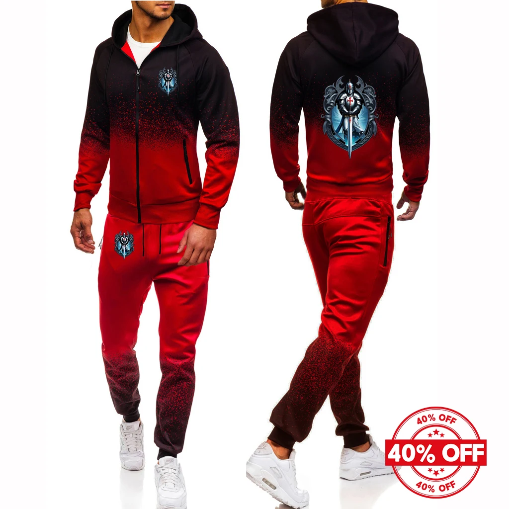 2025 الربيع والخريف رجل فرسان تمبلار نمط شعار طباعة التدرج اللون سستة هوديس + الترفيه Sweatpants طويلة الدعاوى