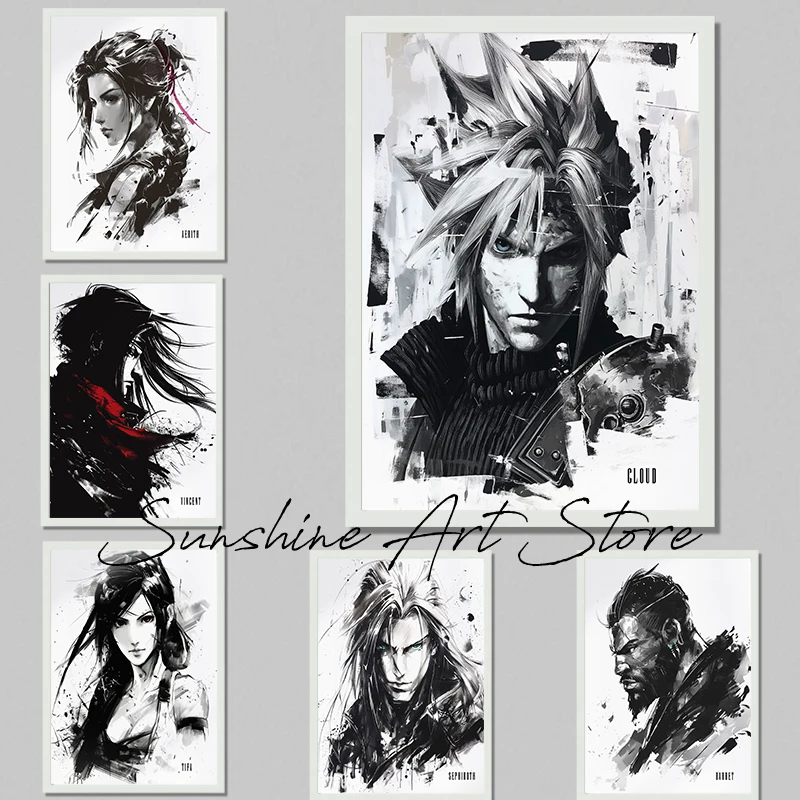 Final Fantasy VII Black and White Watercolors Art Poster Canvas Printing Final Fantasy VII Characters Art Decor Gaming Prints