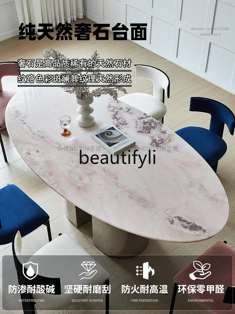 GG Pink Diamond Luxury Stone Dining Table Translucent French Style Pure Natural Marble Oval Dining Table