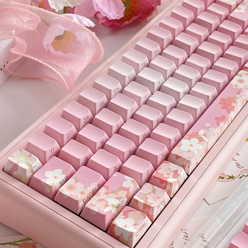 Pink Cherry Blossom Keycaps, transmissão de luz, gravação lateral, sublimação, teclado mecânico, keycaps gradiente, 14 chaves