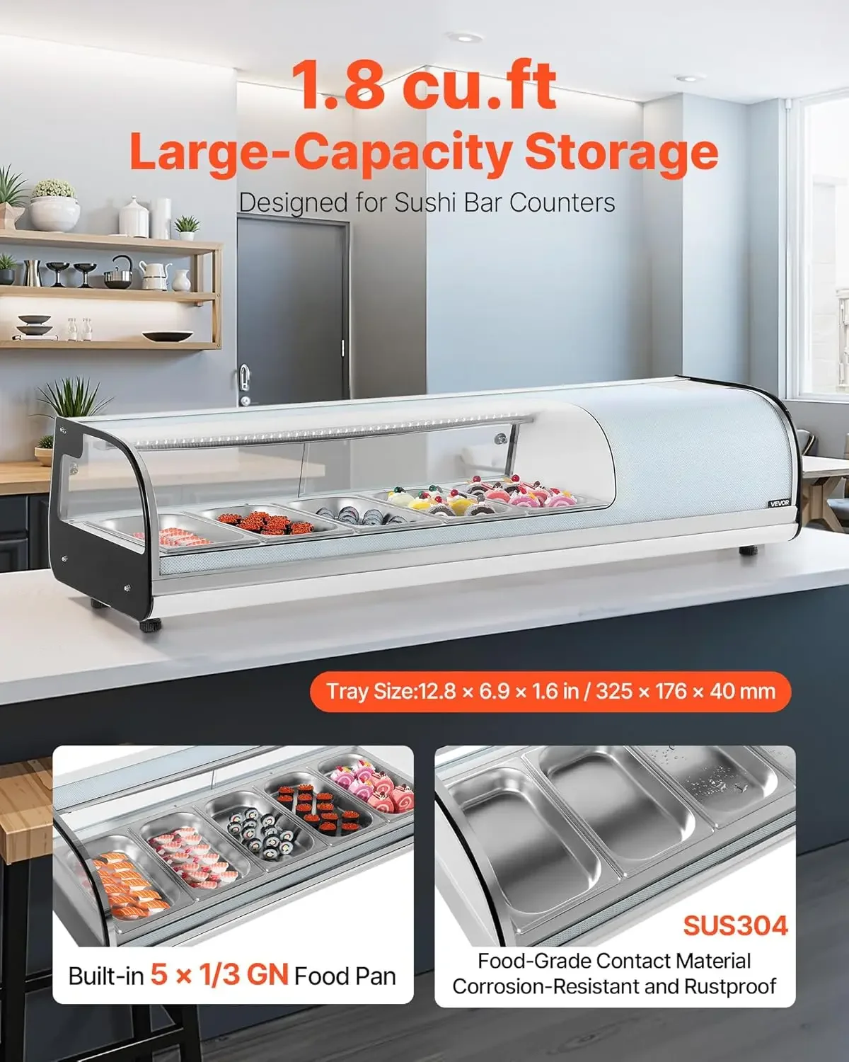 Sushi Display Case Refrigerator, 1.8 Cu.ft Commercial Sushi Case, 5-Pan Countertop Showcase with Curved Glass, LED Lighting