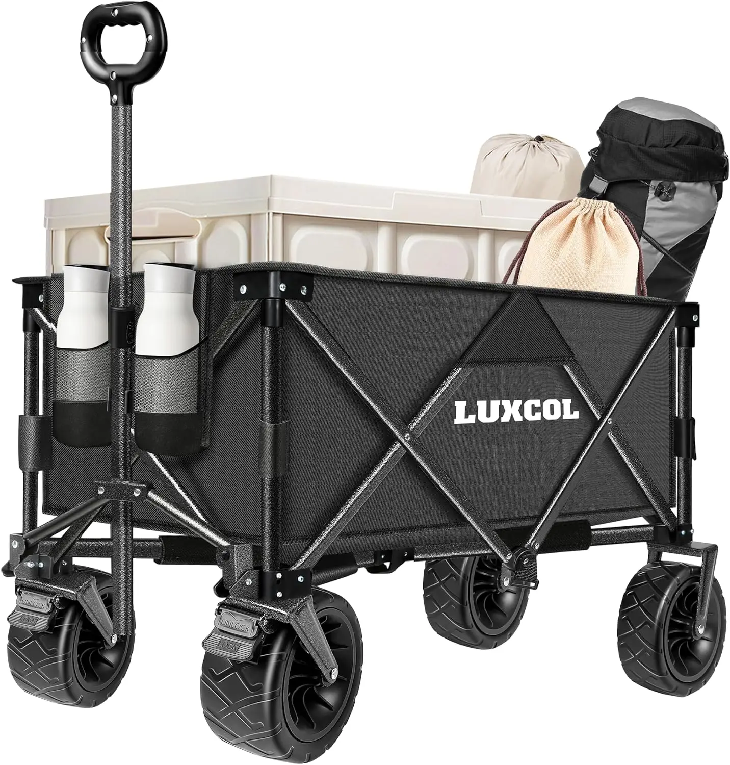 Luxcol Collapsible Folding Wagon, Heavy Duty Utility Beach Wagon Cart For Sand With Big Wheels, Adjustable Handle&Drink Holders