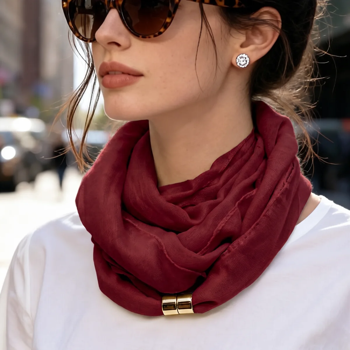 Lightweight Bali Yarn Neck Scarf Women Solid Tone With Magnetic Snap Buckle Easy To Wear Voile Neck Wrap Minimalist Fashion