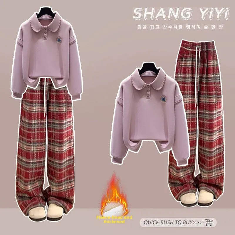 

Утепленный флисовый комплект: худи и брюки в клетку для женщин, зимний повседневный теплый костюм из двух предметов с воротником-стойкой, полиэстер, длинный рукав