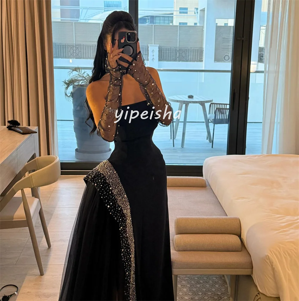 Abiti lunghi senza spalline dritti con paillettes in jersey intricato personalizzato di alta qualità Abiti da cerimonia su misura eleganti