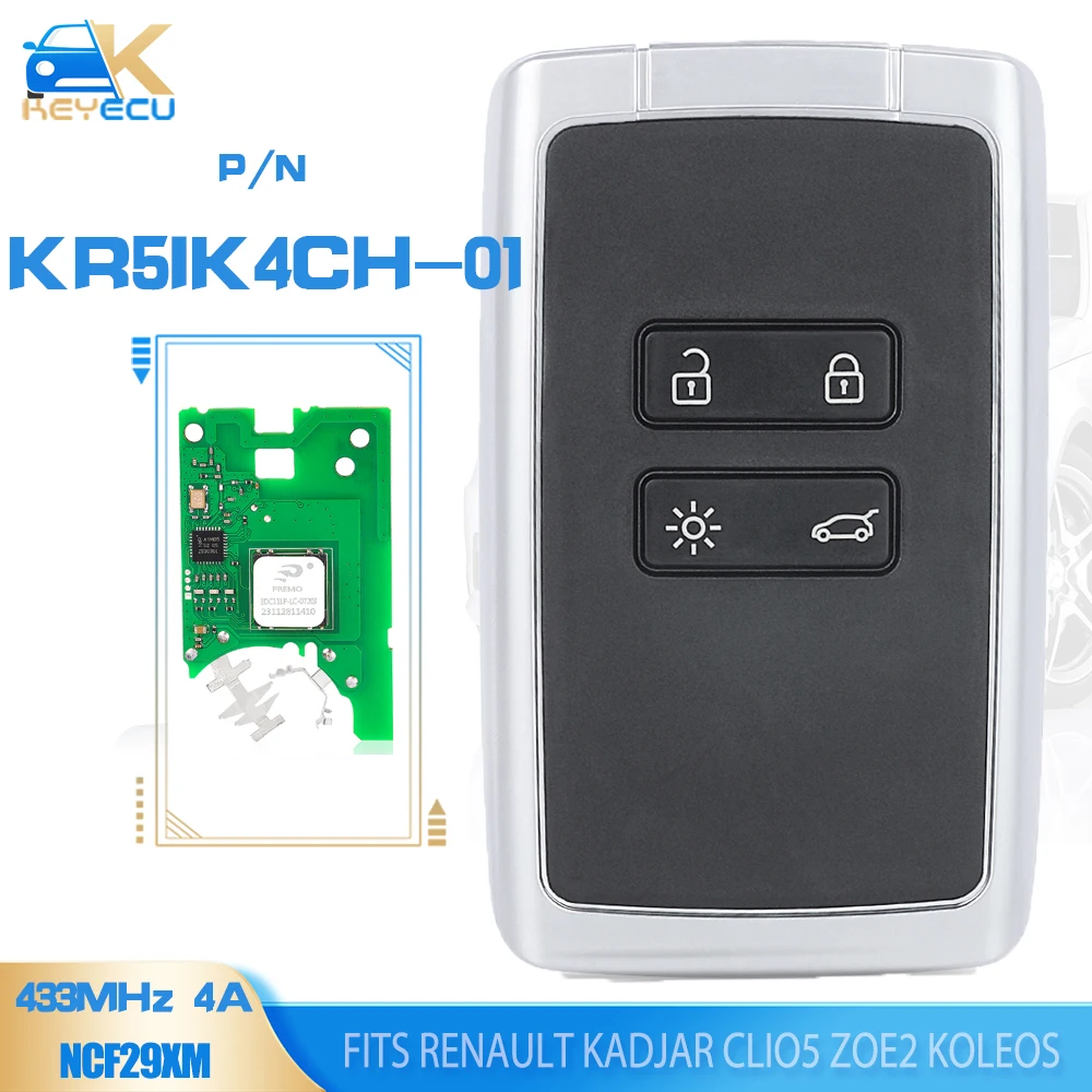 KEYECU KR5IK4CH-01 433MHz 4A NCF29xM Remote Key for Renault Kadjar Clio5 Zoe2 Koleos Captur Scenic Megane 2019-2022