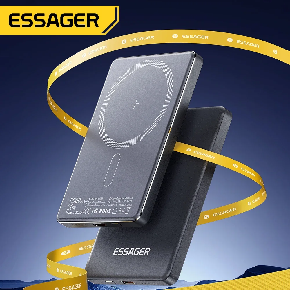 Essager 얇은 무선 보조베터리 자기 20W 5000mAh iPhone 16 15 14 13 용 Magsafe 용 휴대용 고속 충전 외장 배터리