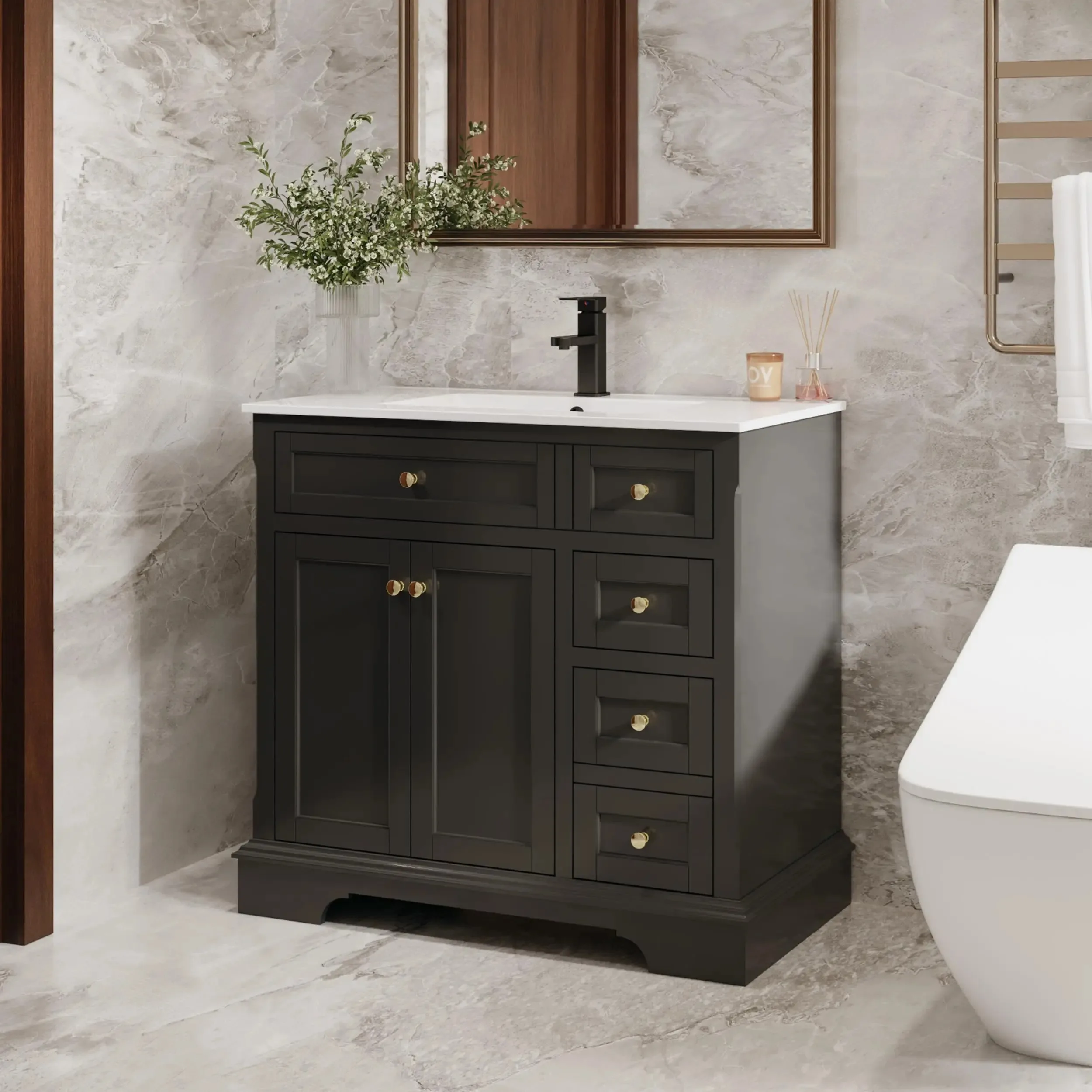 24 "30" 36 "سطح مطلي أثار قوس قدم لينة إغلاق الأبواب خمر الحمام الغرور خزانة مع بالوعة #1