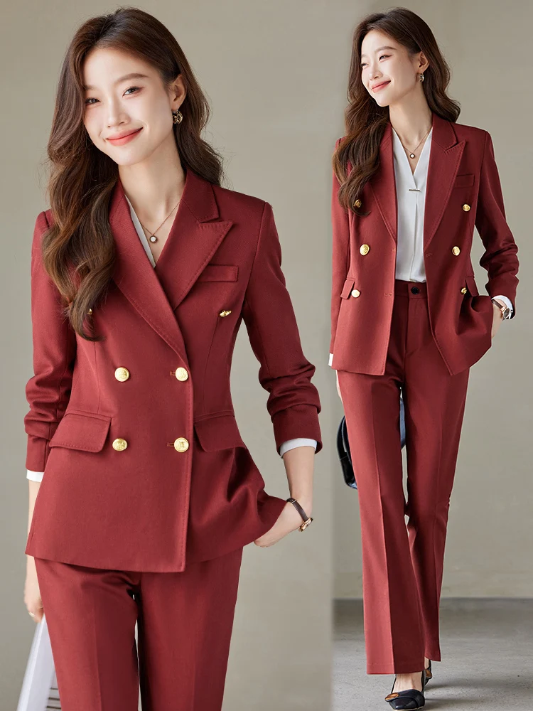 

Wine Red Suit Set for Women High-End Business Professional Workwear Elegant Goddess Style Long Sleeve Button up Polyester